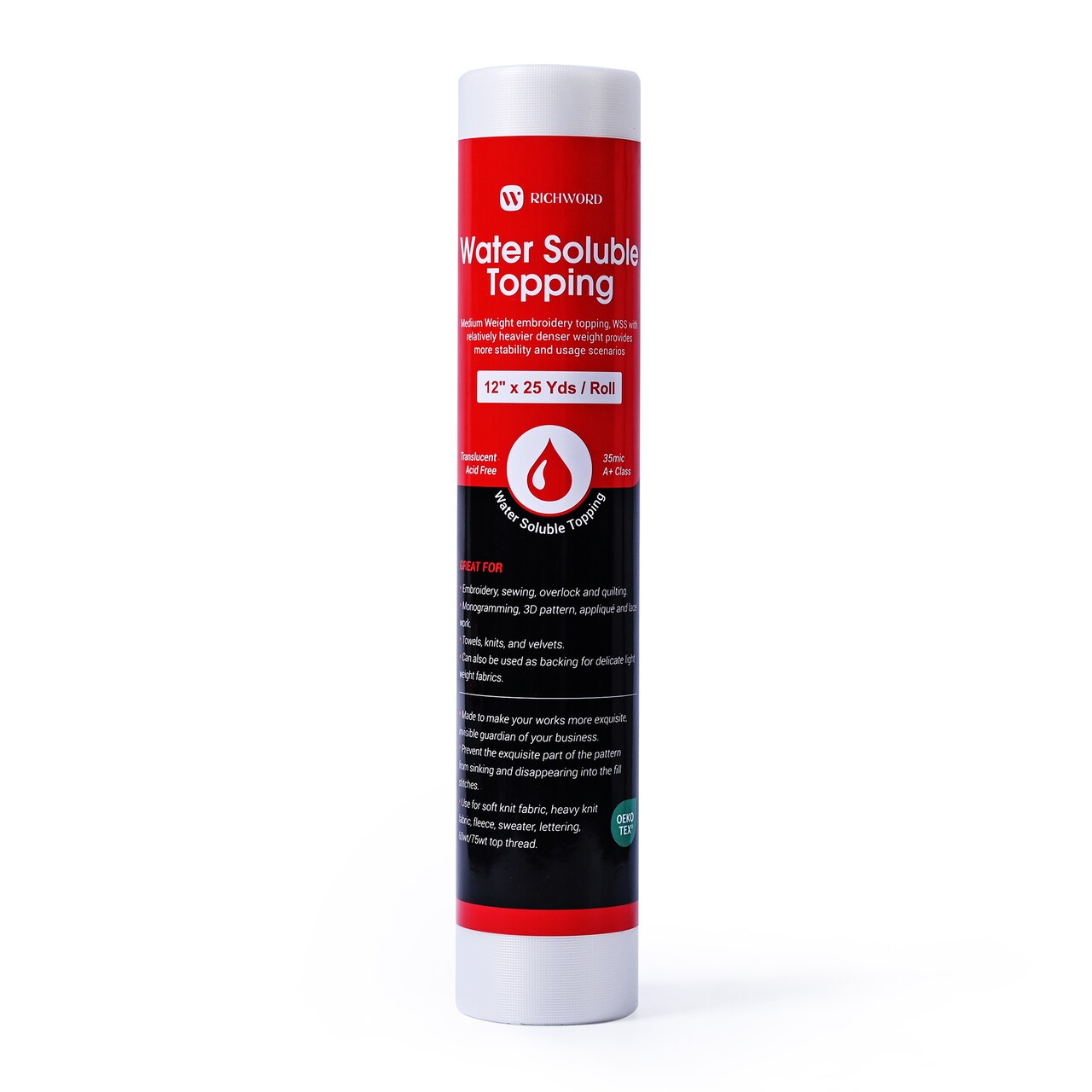 Richword Selected Wash Away Water Soluble Embroidery Stabilizer & Topping Film, 35µm Lightweight, 12 in x 25 yd for Machine Embroidery & Hand Sewing, Compatible with Most Hoops